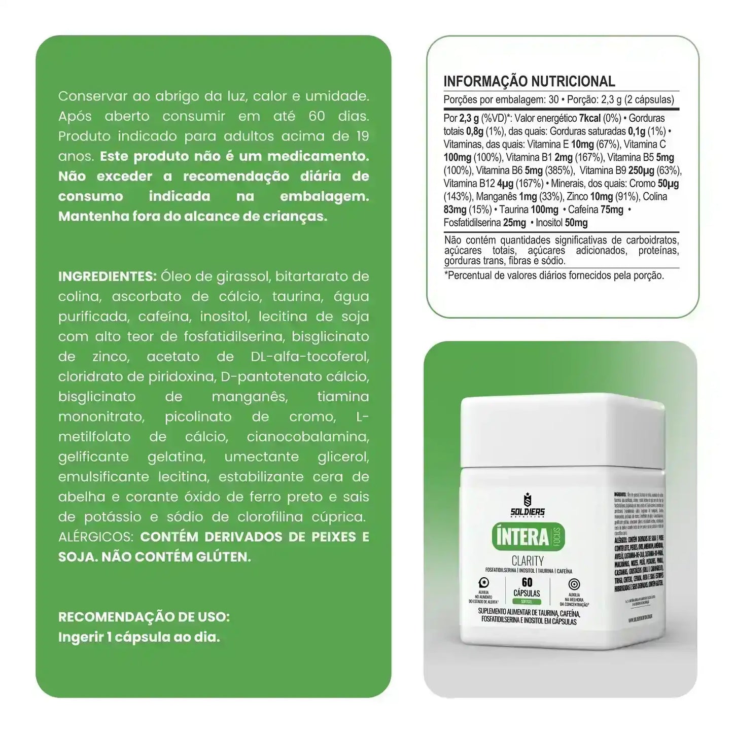 Frasco de suplemento alimentar Íntera Clarity de 60 cápsulas, com tabela nutricional e ingredientes destacados.