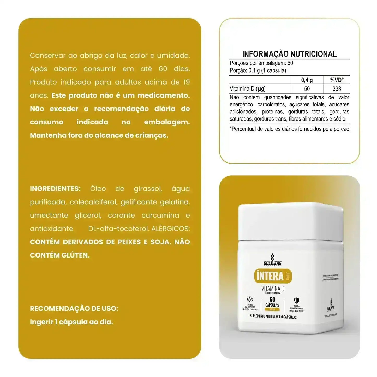 Embalagem de suplemento alimentar cápsulas vitamina D, 60 cápsulas, fundo bege claro.