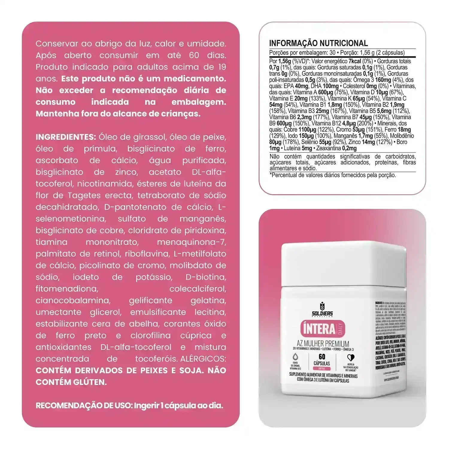 Rótulo de suplemento alimentar feminino AZ Mulher Premium, com informações nutricionais e ingredientes.