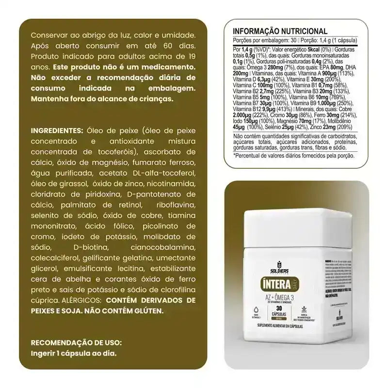 Embalagem de suplemento alimentar INTEGRA A-Z Ômega 3 com 30 cápsulas, ingredientes e informações nutricionais em destaque.