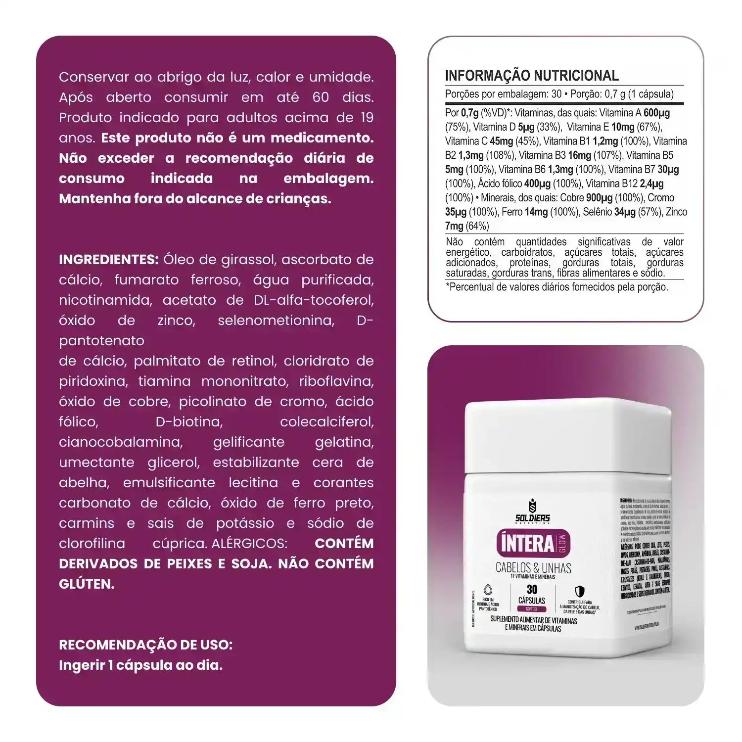 Frasco de suplemento Intéra com vitaminas para cabelo e unhas, rótulo roxo, informações nutricionais e ingredientes visíveis ao lado.