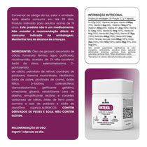 Frasco de suplemento Intéra com vitaminas para cabelo e unhas, rótulo roxo, informações nutricionais e ingredientes visíveis ao lado.