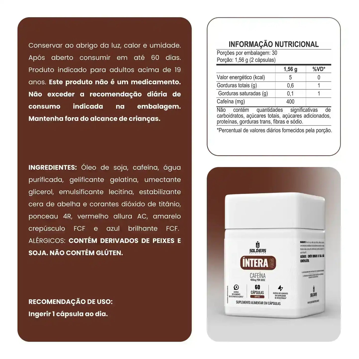 Embalagem de suplemento de cafeína em cápsulas, ingredientes e tabela nutricional em destaque.