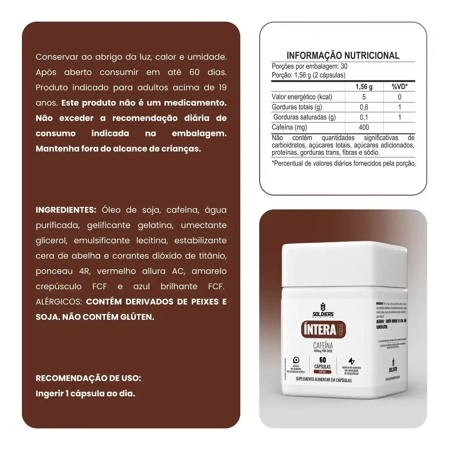 Embalagem de suplemento de cafeína em cápsulas, ingredientes e tabela nutricional em destaque.