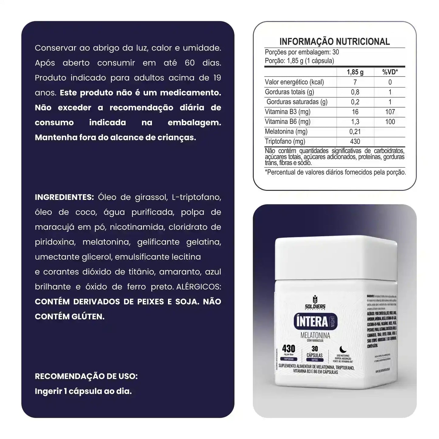 Frasco de suplemento alimentar em cápsulas com melatonina, triptofano e vitaminas, junto à tabela nutricional e ingredientes em destaque.