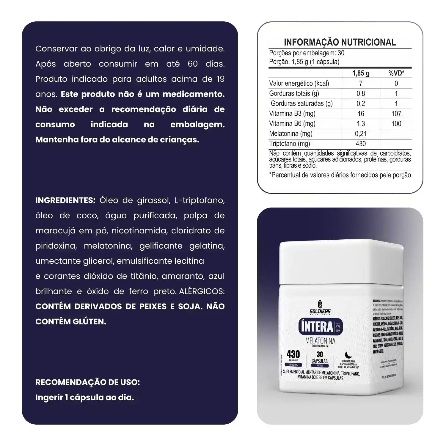 Frasco de suplemento alimentar em cápsulas com melatonina, triptofano e vitaminas, junto à tabela nutricional e ingredientes em destaque.