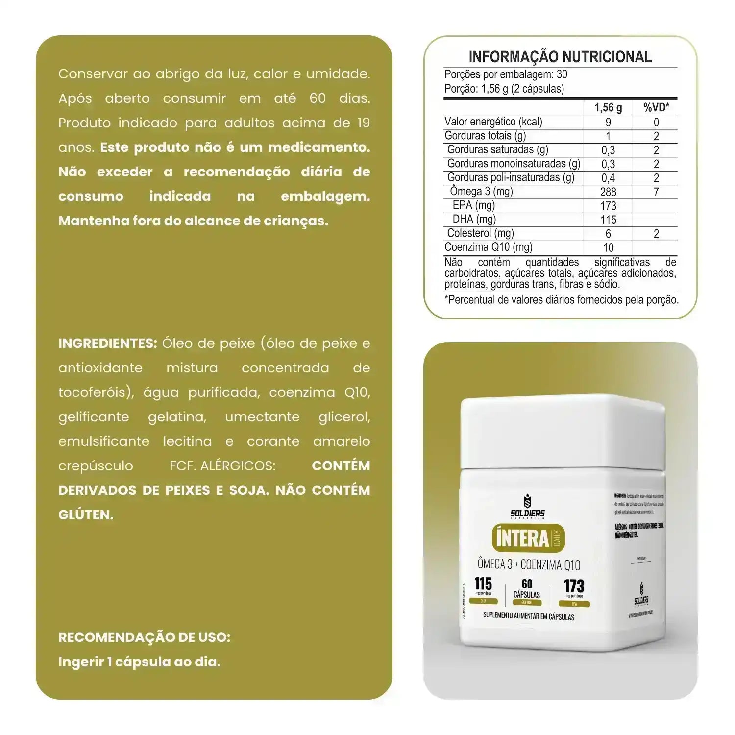 Suplemento alimentar Ômega 3 com Coenzima Q10, embalagem branca, informações nutricionais.