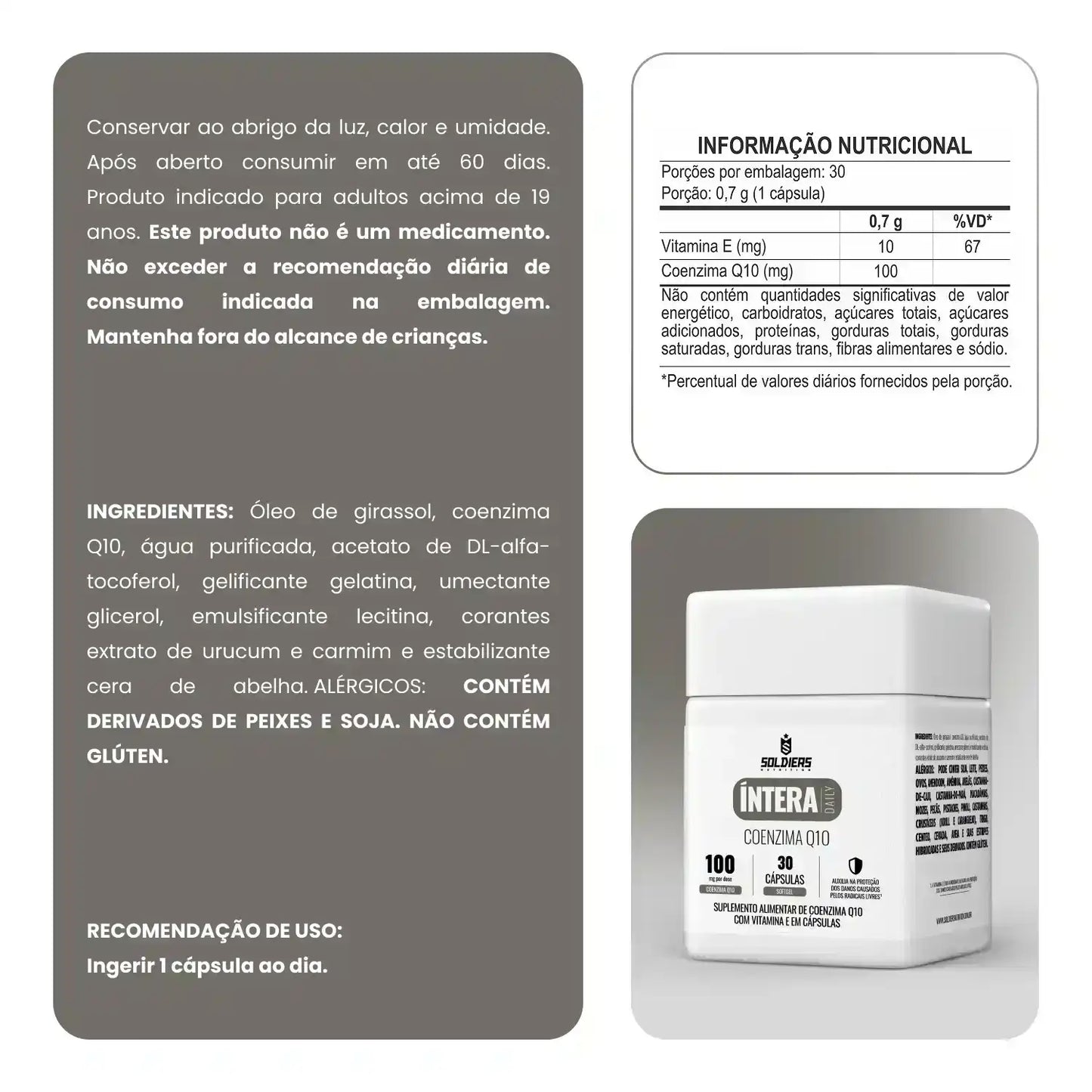 Suplemento alimentar de coenzima Q10 com vitamina E, pote branco com 30 cápsulas.