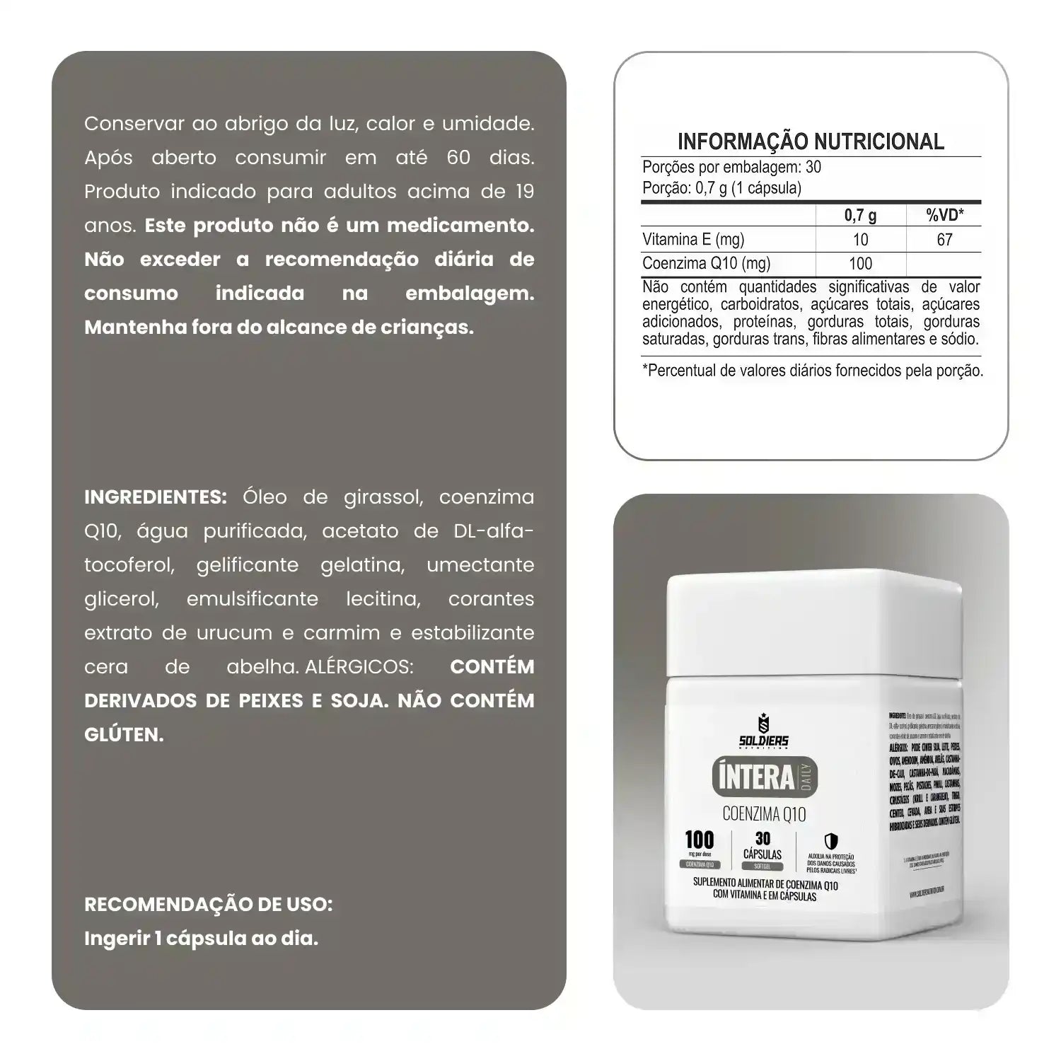 Suplemento alimentar de coenzima Q10 com vitamina E, pote branco com 30 cápsulas.