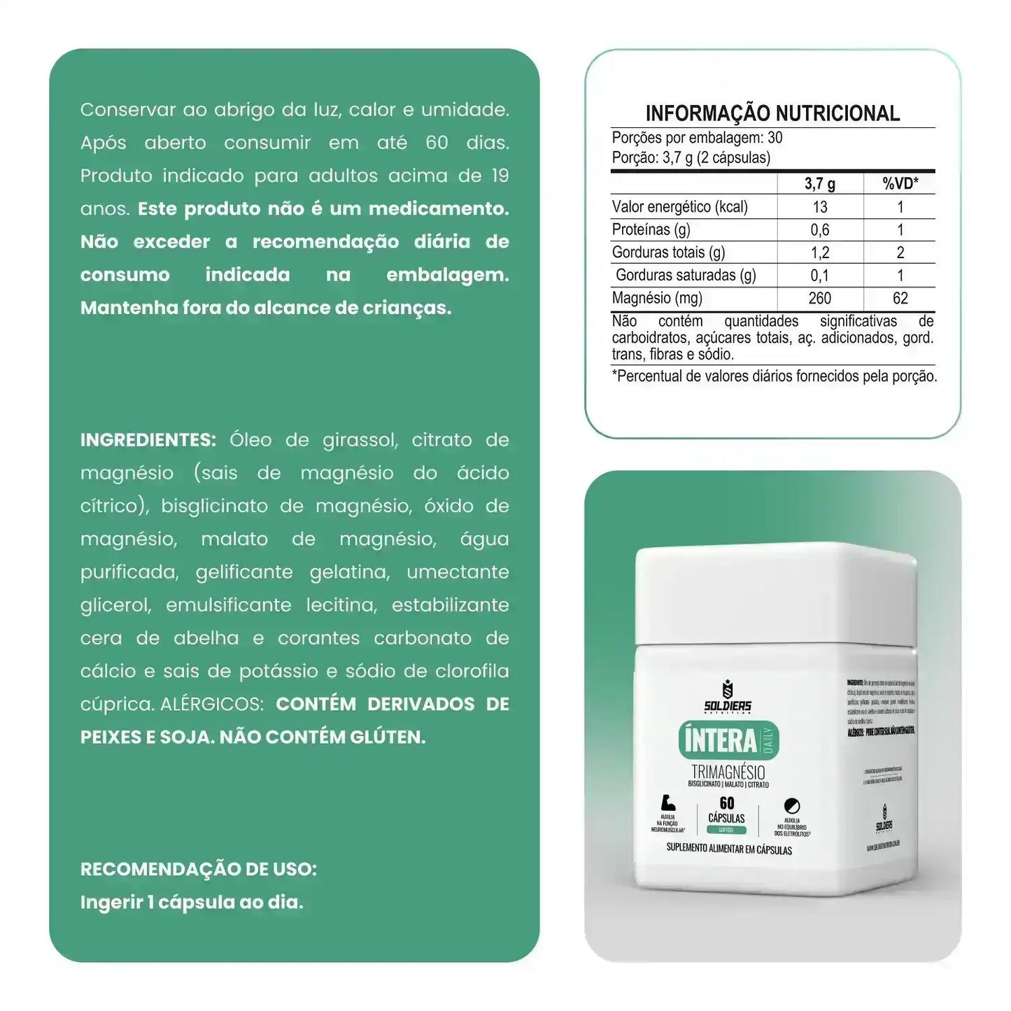 Embalagem de suplemento alimentar Trimagnesio com informações nutricionais e ingredientes.
