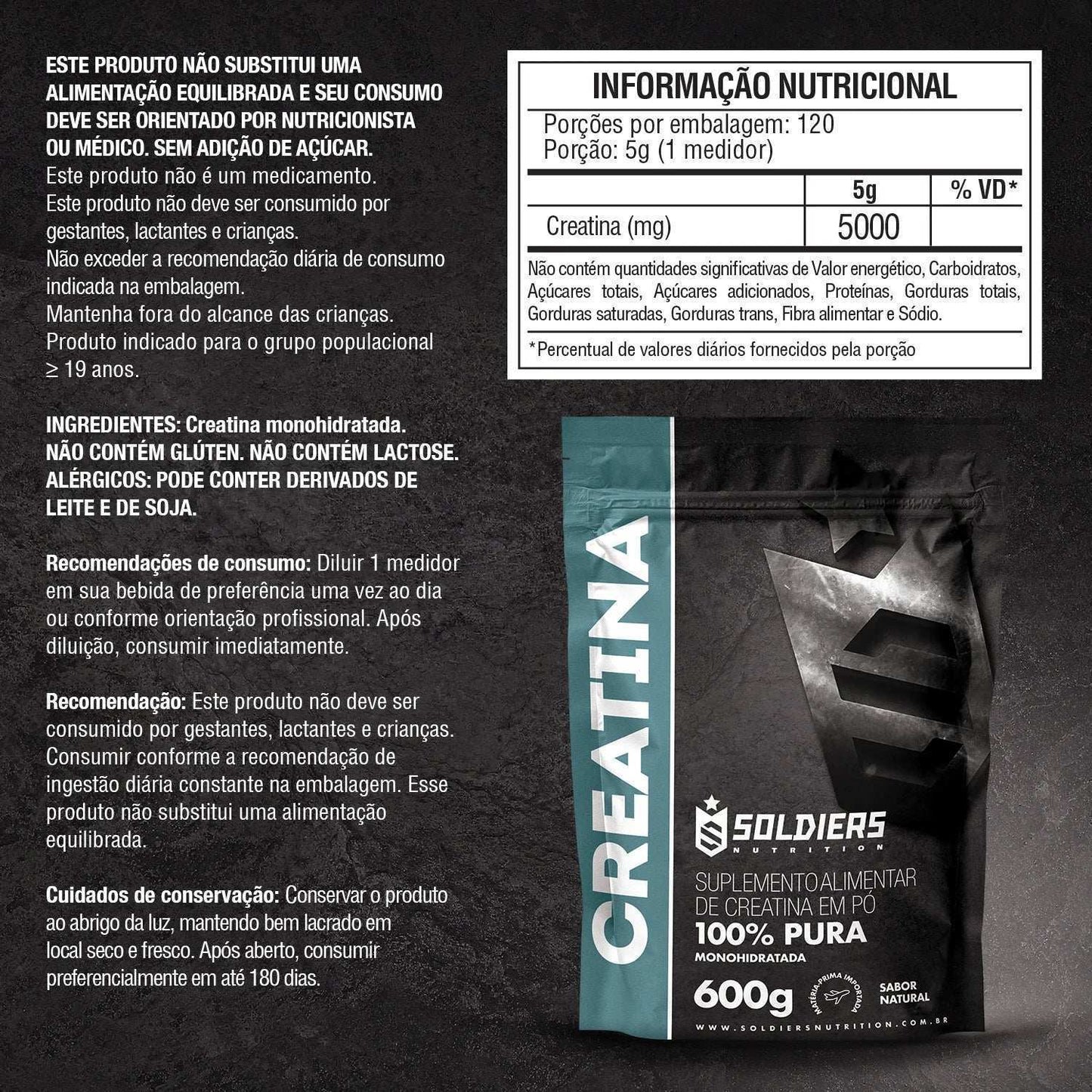 Embalagem de creatina em pó 100% pura 600g, suplemento alimentar, informações nutricionais visíveis.