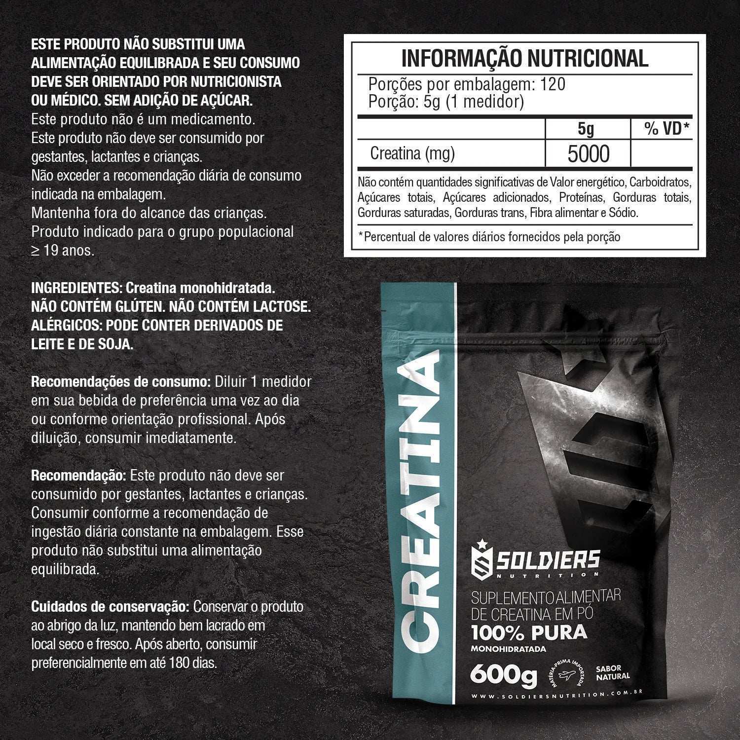 Embalagem de creatina em pó 100% pura 600g, suplemento alimentar, informações nutricionais visíveis.
