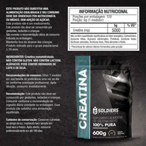 Embalagem de creatina em pó 100% pura 600g, suplemento alimentar, informações nutricionais visíveis.