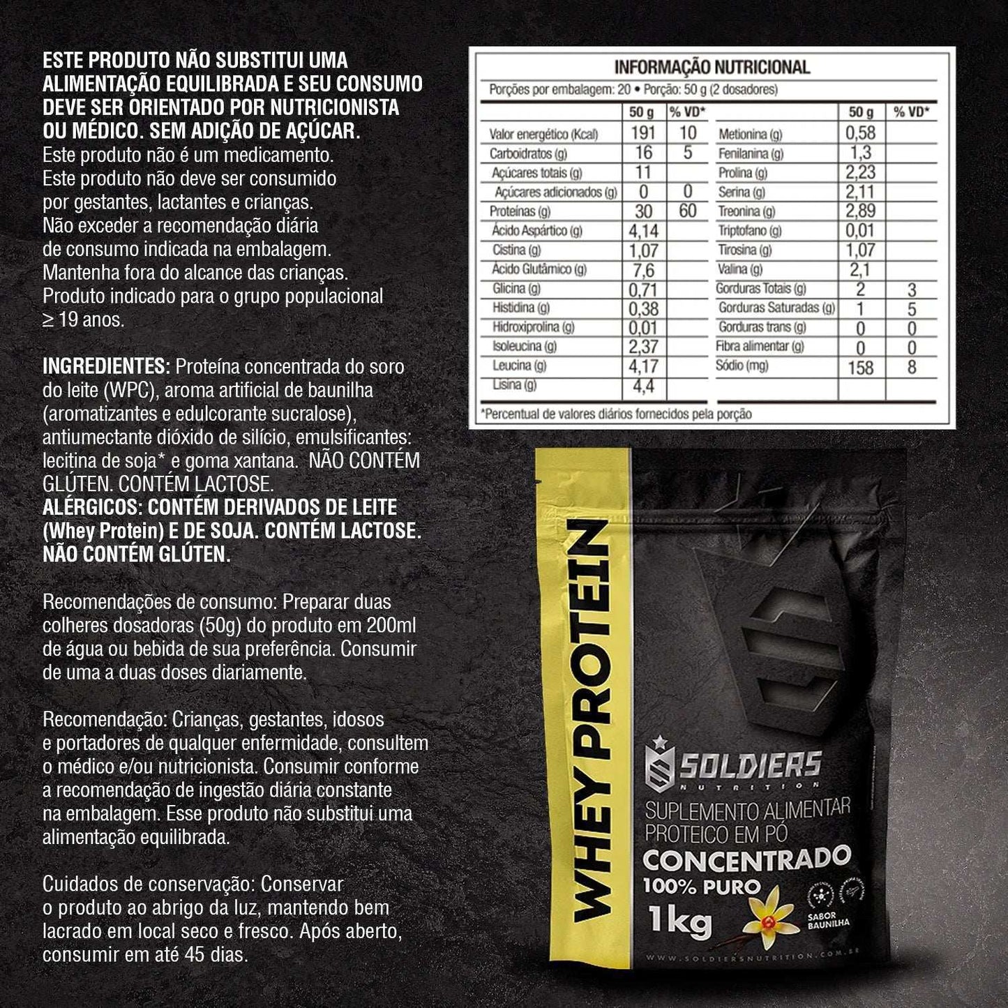 Embalagem de whey protein concentrado sabor baunilha 1kg, rótulo detalhado, tabela nutricional ao lado.