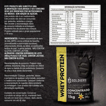 Embalagem de whey protein concentrado sabor baunilha 1kg, rótulo detalhado, tabela nutricional ao lado.