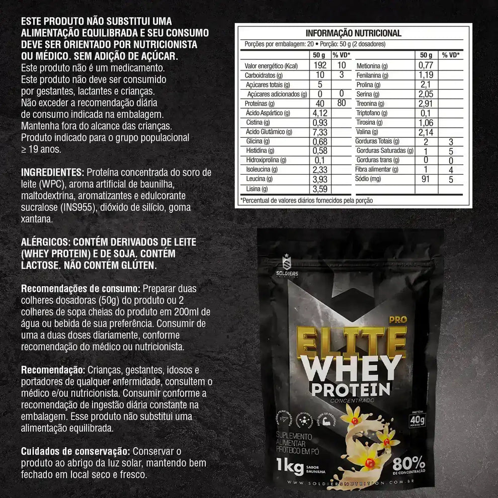 Whey Protein Elite Pro Concentrado 80% Baunilha 1Kg - Soldiers Nutrition