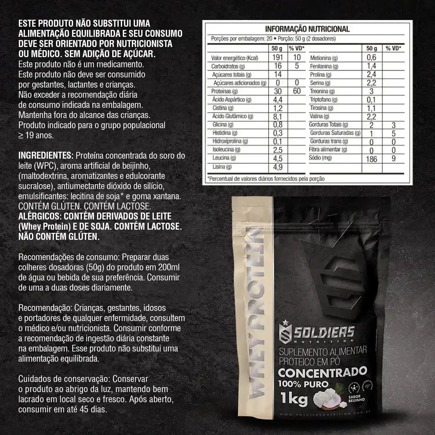 Embalagem de whey protein sabor beijinho 1kg, ingredientes e tabela nutricional destacadas