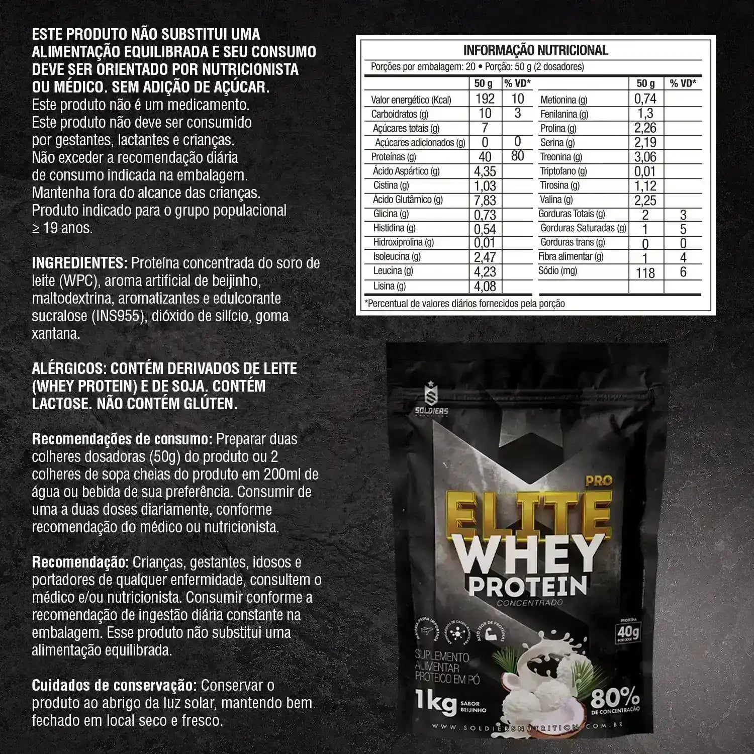 Embalagem de whey protein sabor beijinho, tabela nutricional e informações de ingredientes em português.