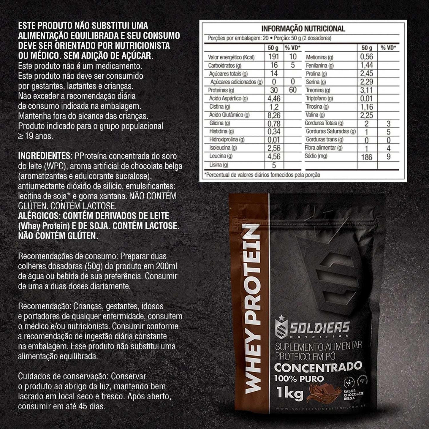 Embalagem de whey protein concentrado sabor chocolate belga de 1kg, informações nutricionais e ingredientes em destaque.