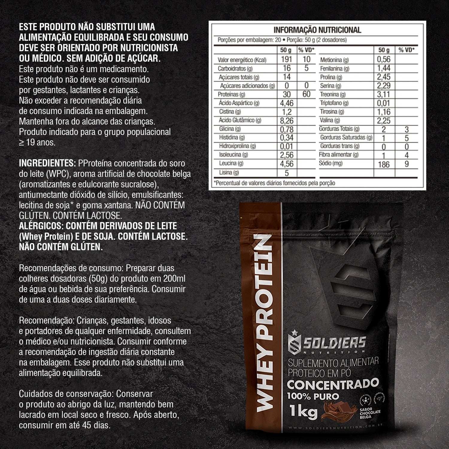 Embalagem de whey protein concentrado sabor chocolate belga de 1kg, informações nutricionais e ingredientes em destaque.
