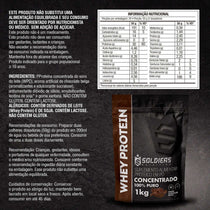 Embalagem de whey protein concentrado sabor chocolate belga de 1kg, informações nutricionais e ingredientes em destaque.