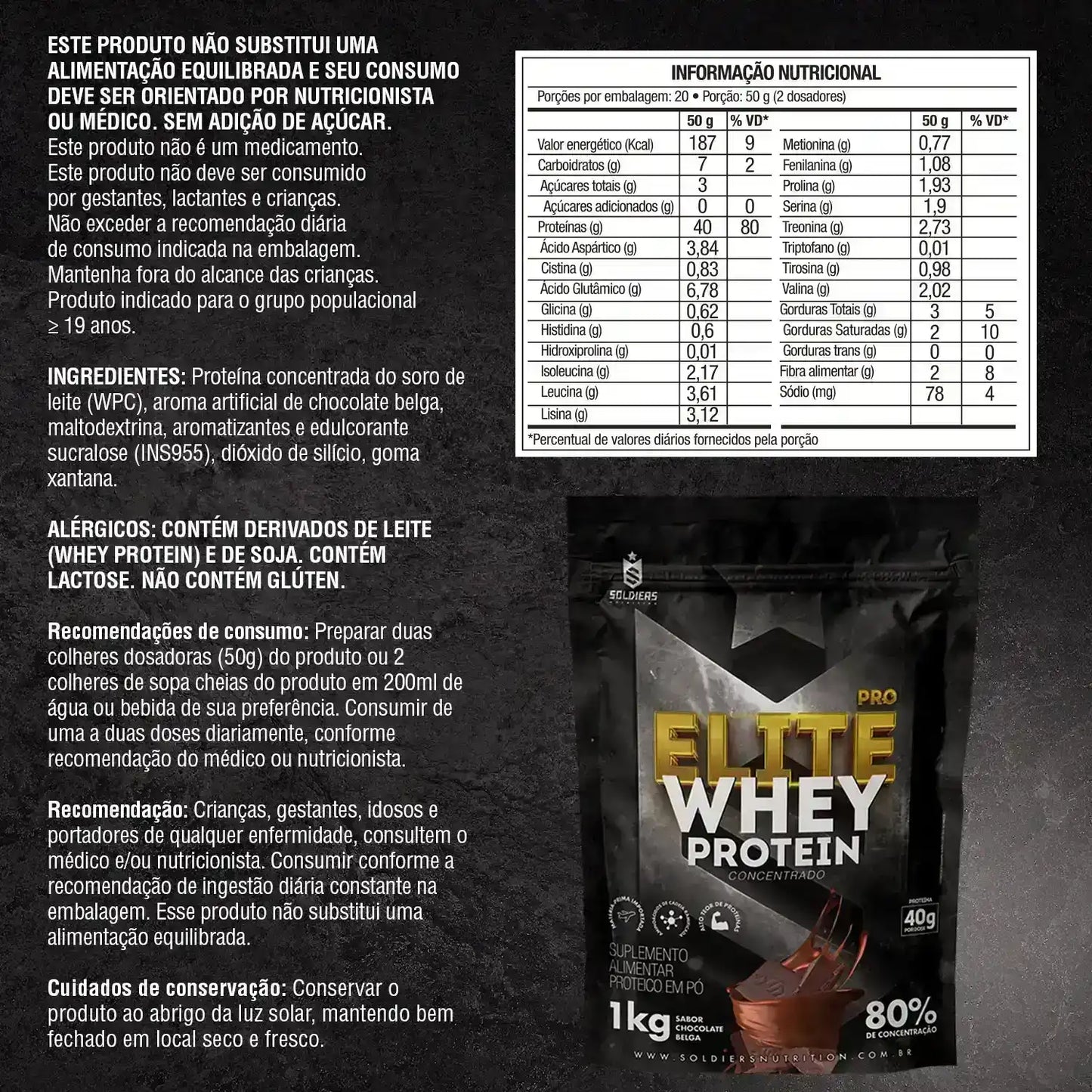 Tabela nutricional e embalagem do suplemento Elite Whey Protein sabor chocolate belga, 1kg, 80% proteína.