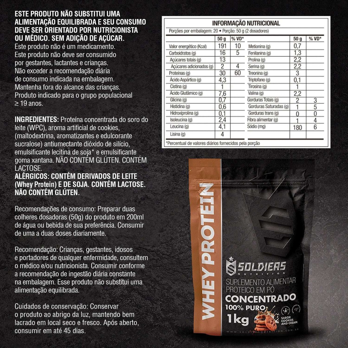 Suplemento Whey Protein Cookies and Cream 1kg, tabela nutricional e informações de ingredientes.