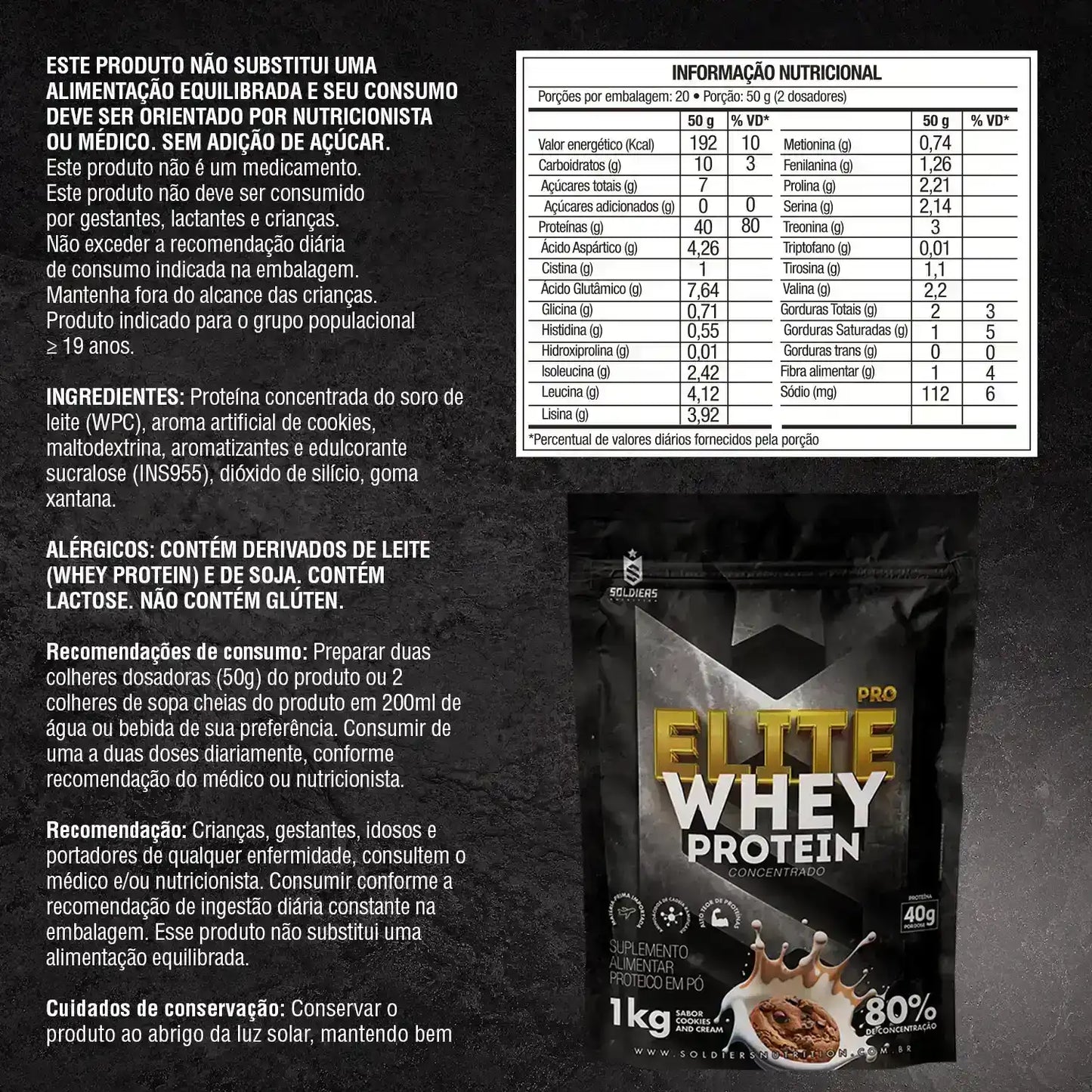 Embalagem de suplemento Elite Whey Protein sabor cookies, com tabela nutricional ao lado.