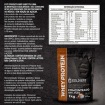Embalagem de whey protein sabor moça, 1kg, com tabela nutricional ao lado e informações de ingredientes.