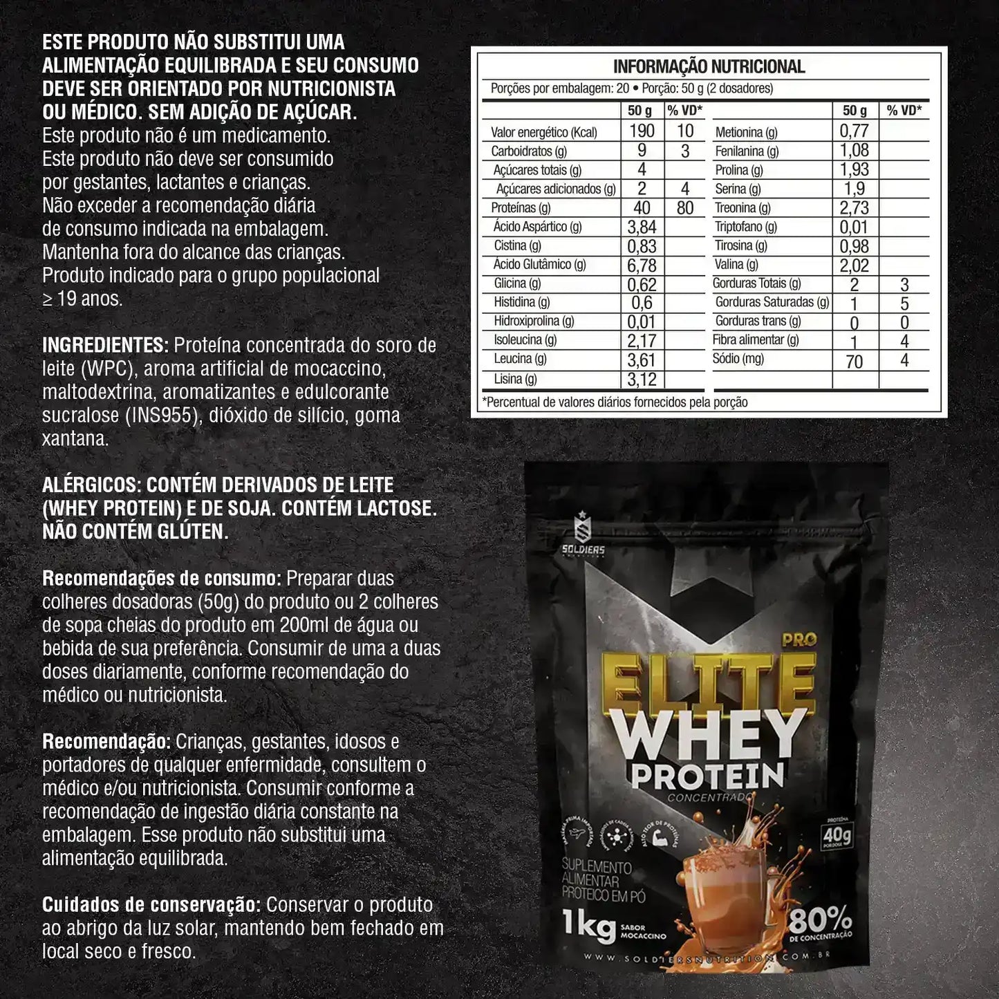Tabela nutricional e embalagem do suplemento alimentar Elite Whey Protein sabor moccacino, 1kg.
