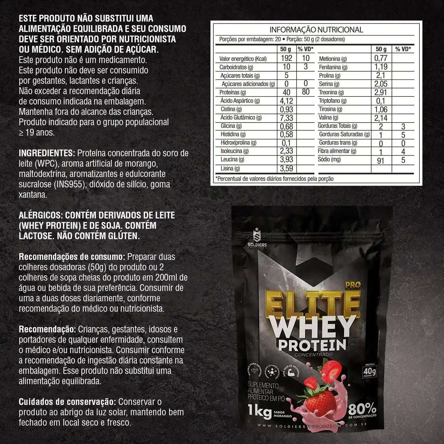 Embalagem de suplemento Elite Whey Protein sabor morango com tabela nutricional em destaque.