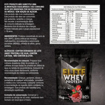Embalagem de suplemento Elite Whey Protein sabor morango com tabela nutricional em destaque.