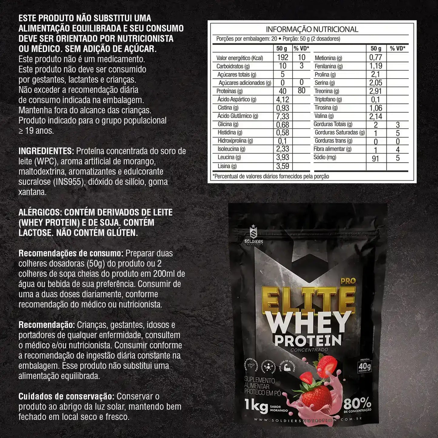 Embalagem de whey protein sabor morango 1kg com tabela nutricional detalhada ao lado.