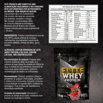 Embalagem de whey protein sabor morango 1kg com tabela nutricional detalhada ao lado.