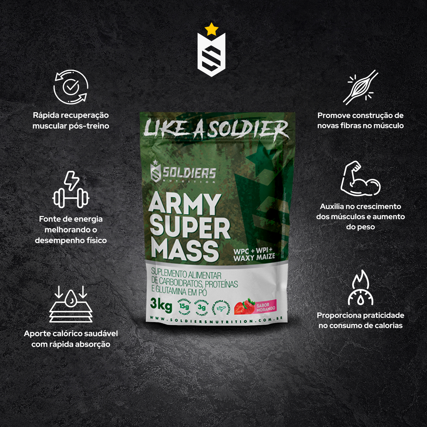 Hipercalórico Army Super Mass Morango 3Kg - Soldiers Nutrition