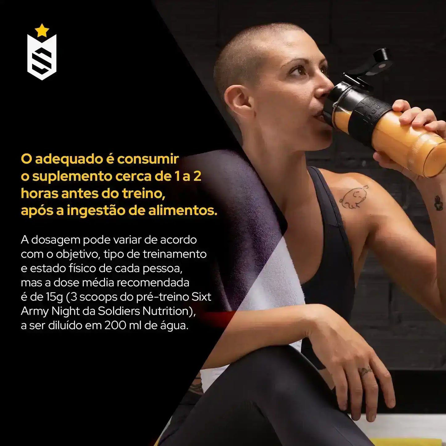 Mulher atlética tomando suplemento pré-treino em academia, segurando squeeze laranja, com texto sobre uso adequado do suplemento.