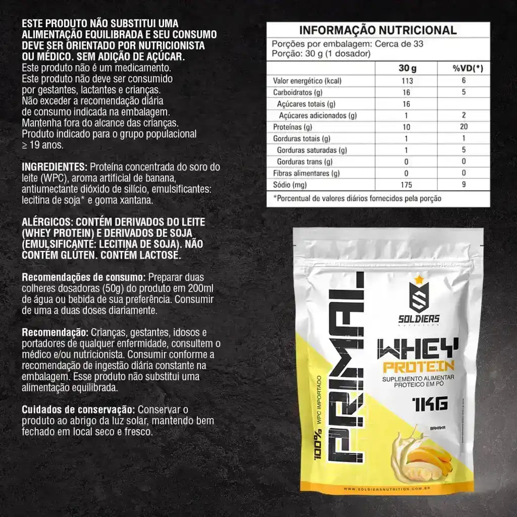 Embalagem de suplemento Whey Protein sabor banana, tabela nutricional e informações do produto.