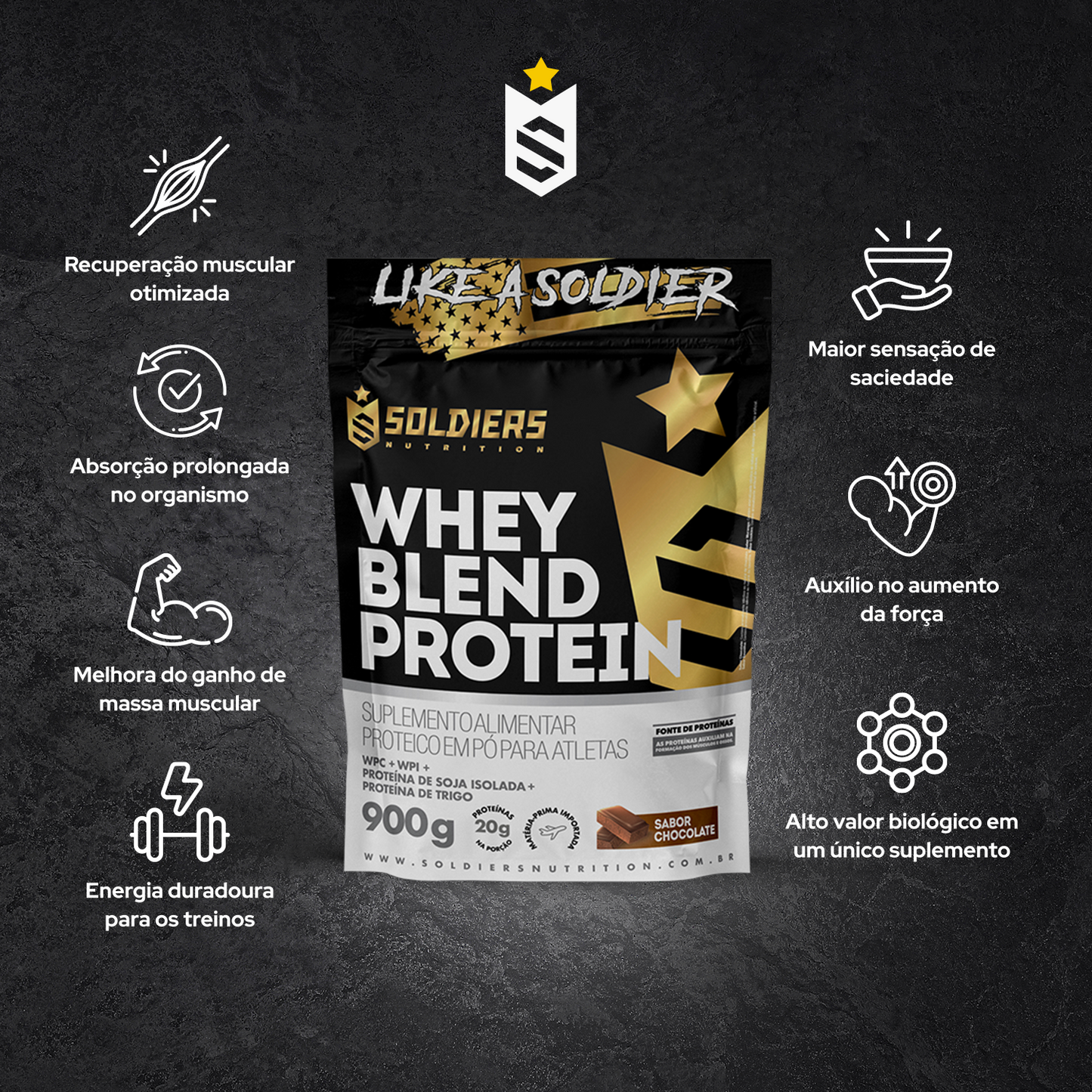 Whey Blend Protein Concentrado e Isolado Chocolate 900g - Soldiers Nutrition
