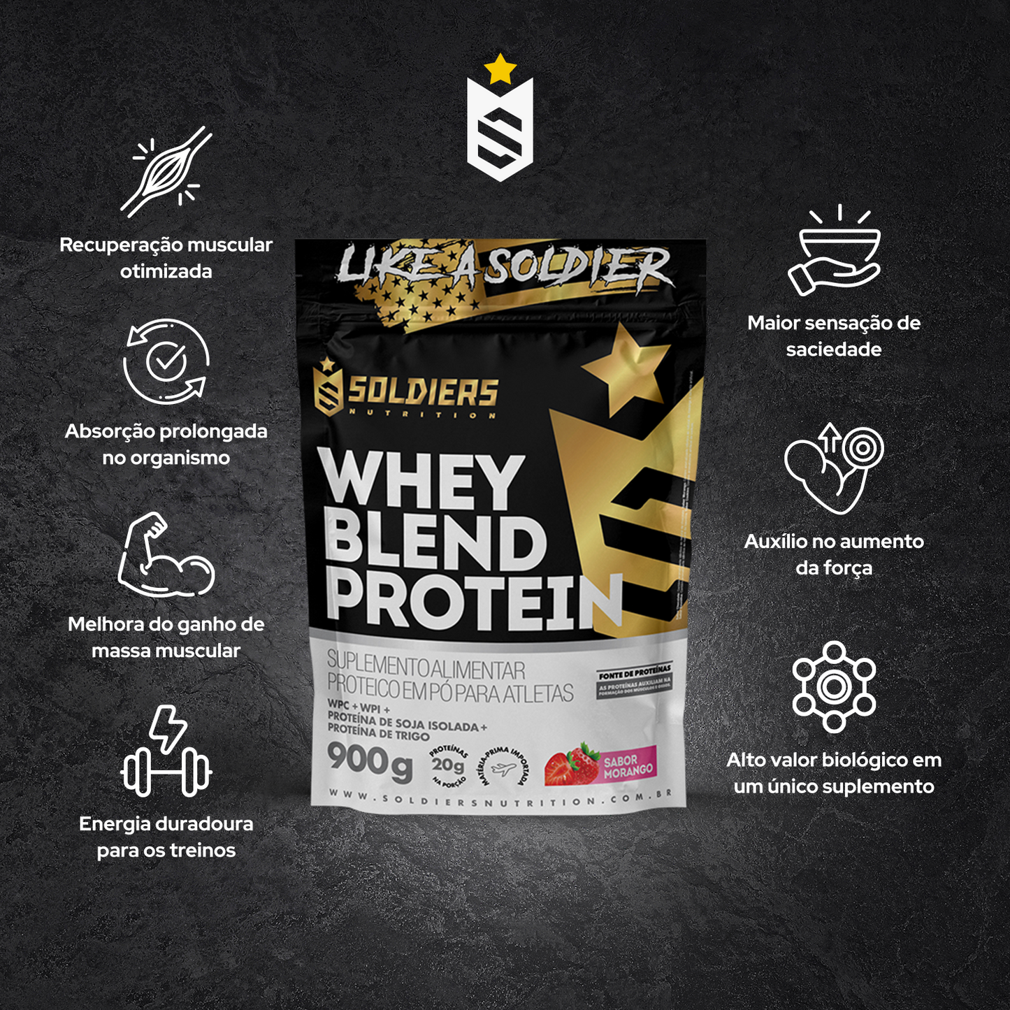Whey Blend Protein Concentrado e Isolado Morango 900g - Soldiers Nutrition