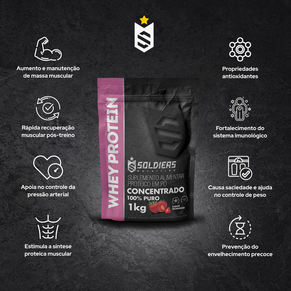 Whey Protein Concentrado 1Kg - Morango - Importado - Soldiers Nutrition