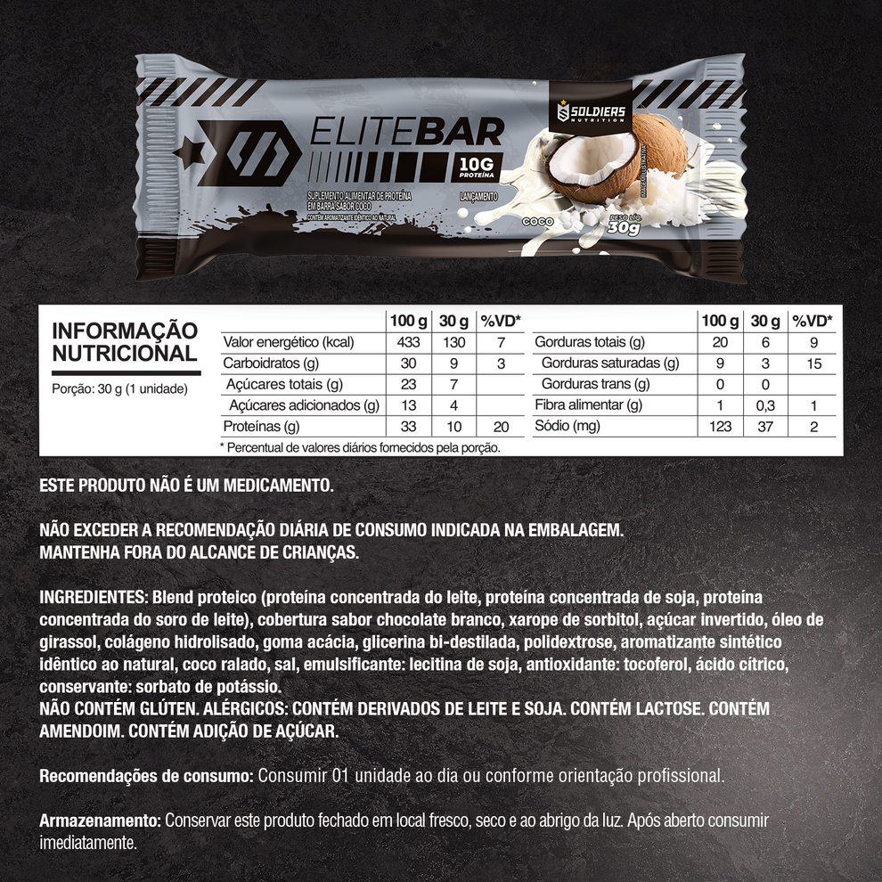 Kit: Elitebar 30g Barra De Proteína CX 12 Un Coco - Soldiers Nutrition