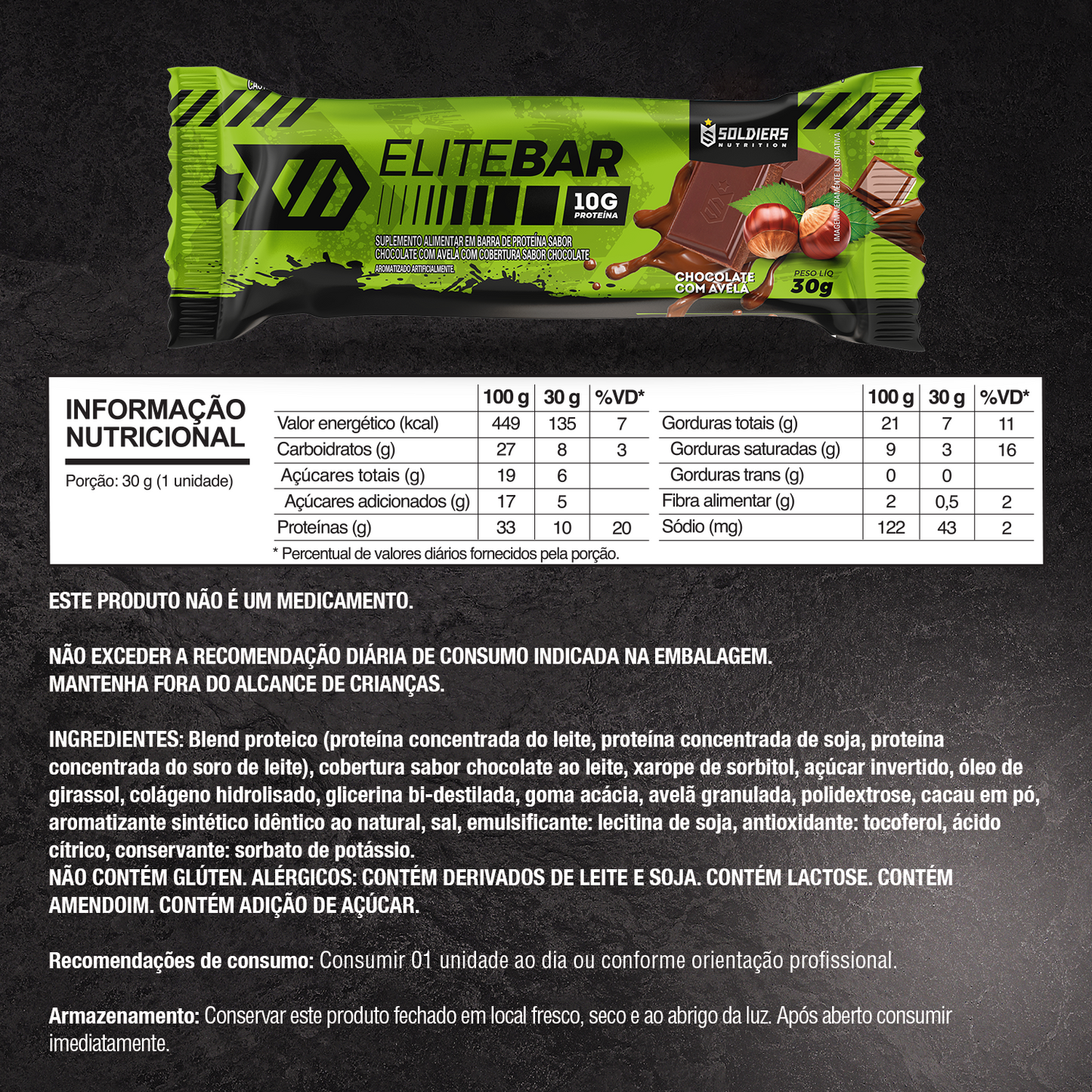 Kit: Elitebar 30g Barra De Proteína CX 12 UN - Soldiers Nutrition Sabor:Chocolate C/Avelã