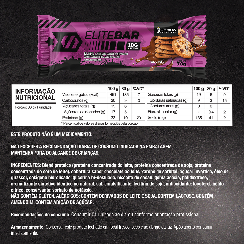 Kit: Elitebar 30g Barra De Proteína CX 12 Un Cookies - Soldiers Nutrition