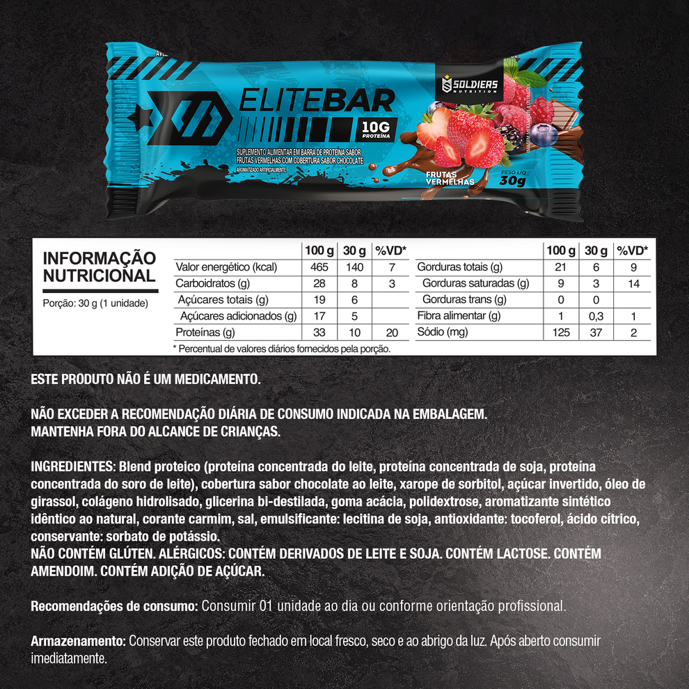 Kit: Elitebar 30g Barra De Proteína CX 12 Un Frutas Vermelhas - Soldiers Nutrition