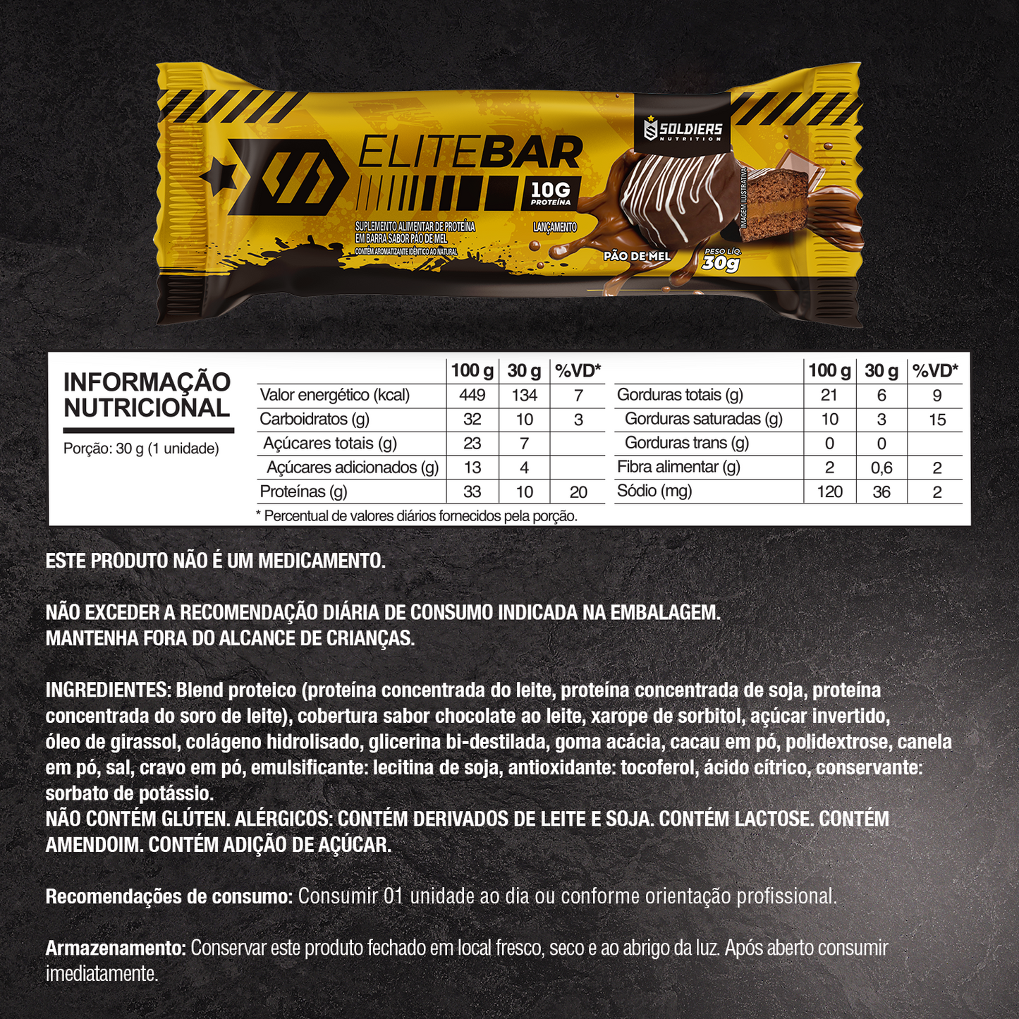Kit: Elitebar 30g Barra De Proteína 6 Un Pão de Mel - Soldiers Nutrition