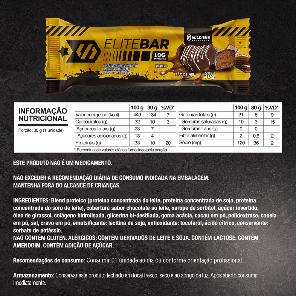 Kit: Elitebar 30g Barra De Proteína CX 12 Un Pão de Mel - Soldiers Nutrition