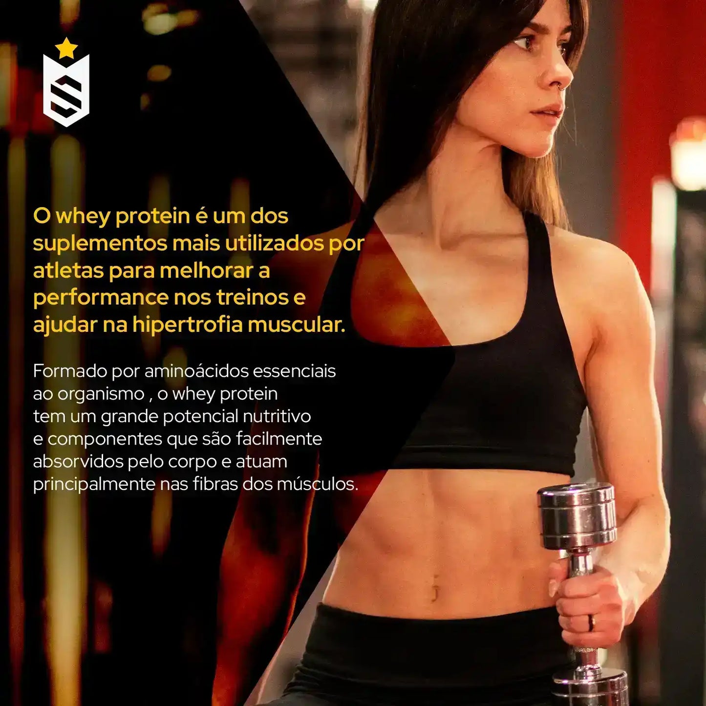 Mulher atlética segurando haltere em academia, destaque para whey protein e benefícios na hipertrofia muscular.