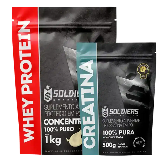 Pacotes de suplemento whey protein concentrado 1kg e creatina monohidratada 500g em pó
