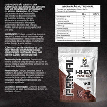 Embalagem de whey protein sabor chocolate Soldiers Nutrition, suplemento alimentar em pó, com informações nutricionais em destaque.
