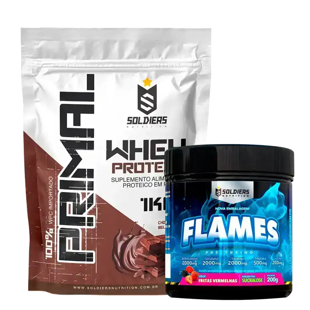 Kit suplemento alimentar com whey protein sabor chocolate e pré-treino frutas vermelhas.